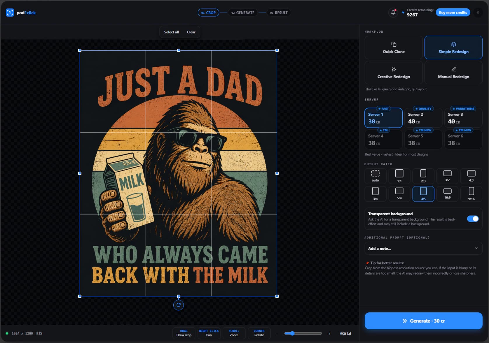 The pod1click interface cropping and redesigning a POD shirt design